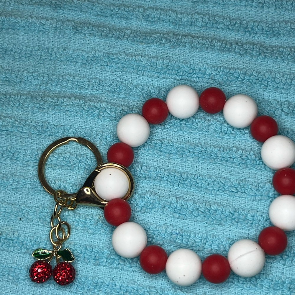 Red and White Beaded Keychain with Cherry Charm